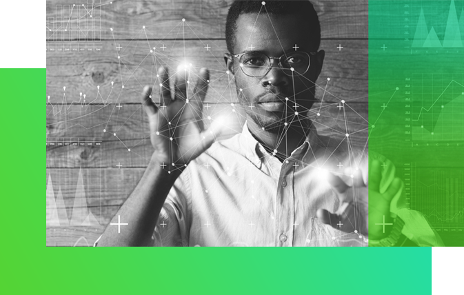image of male figure waring glasses touching screen with biometric lines popping up.